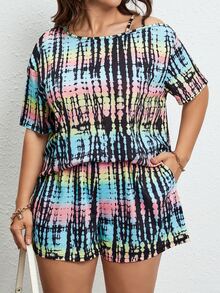 SHEIN LUNE Plus Tie Dye Asymmetrical Neck Tee & Shorts - Multicolor - View 3