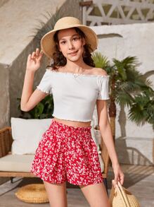 SHEIN Teen Girls Ditsy Floral Paperbag Waist Shorts