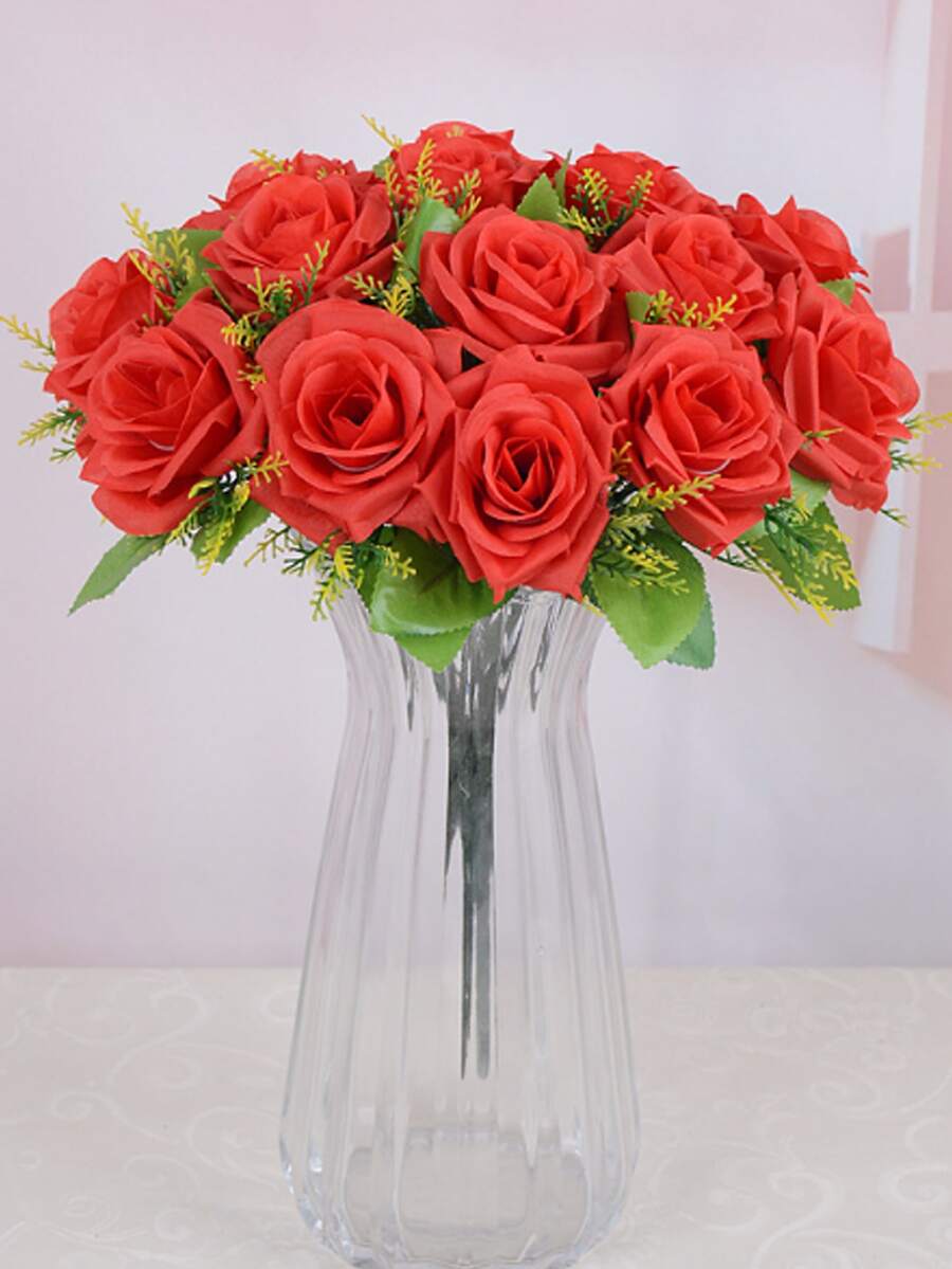 1pc Artificial Rose, Simple Plastic Red Fake Flower For Home Decoration - Red - View 1