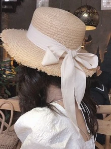 1入組女士蝴蝶結裝飾草編帽適用於海灘