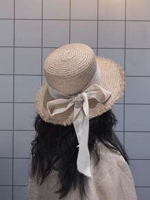1入組女士蝴蝶結裝飾草編帽適用於海灘
