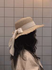 1入組女士蝴蝶結裝飾草編帽適用於海灘