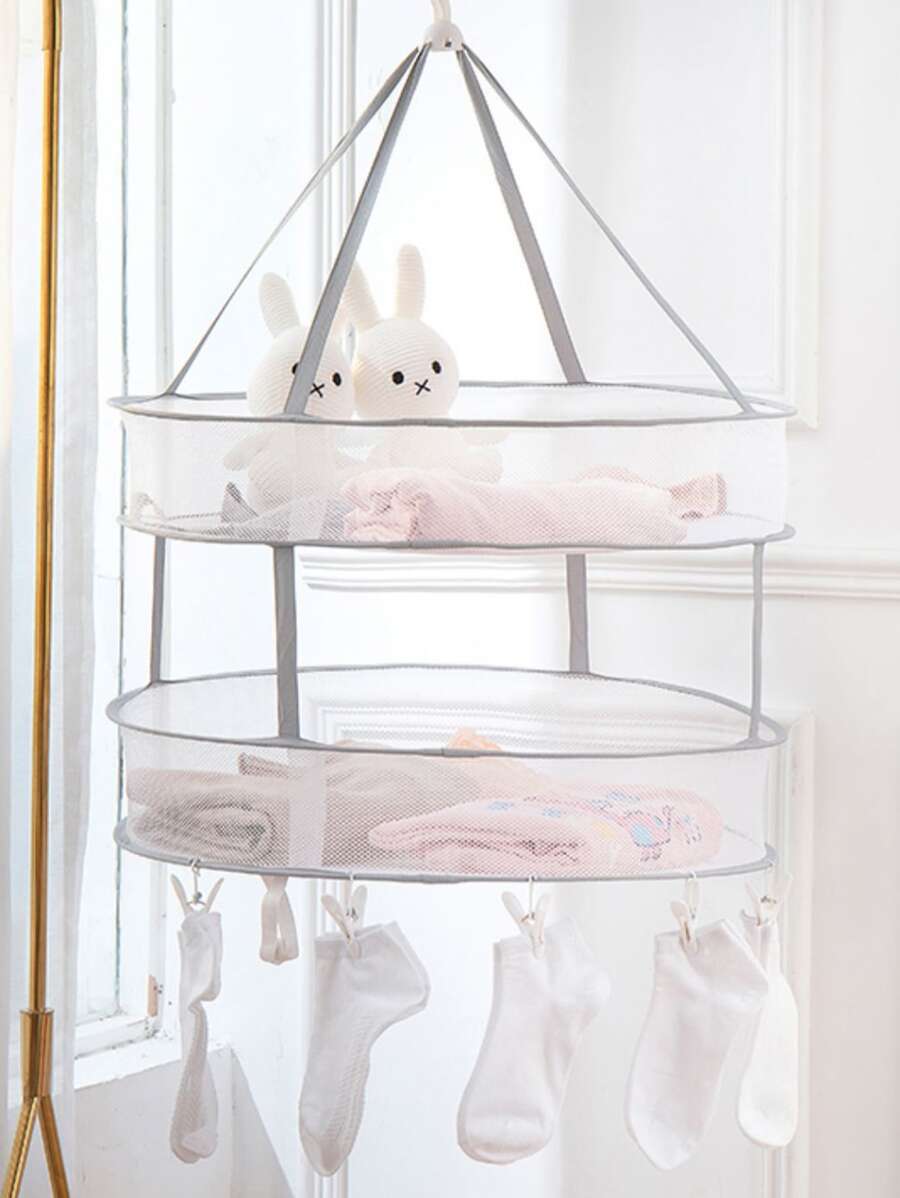 1pc 2-layer Clothes Drying Basket, Simple Non-woven Fabric Mesh Drying Holder For Household - Grey - View 1