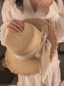 1入組女士蝴蝶結裝飾草編帽適用於海灘