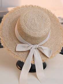 1入組女士蝴蝶結裝飾草編帽適用於海灘