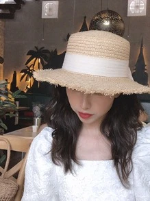 1入組女士蝴蝶結裝飾草編帽適用於海灘