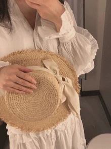 1入組女士蝴蝶結裝飾草編帽適用於海灘