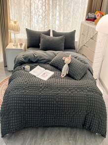 3 cái/bộ Bộ vỏ chăn thiết kế trơn Seersucker không có chất độn, Bộ vỏ chăn thiết kế dập nổi Polyester đơn giản (1 vỏ chăn, 2 vỏ gối) cho phòng ngủ - Xám - Xem 1