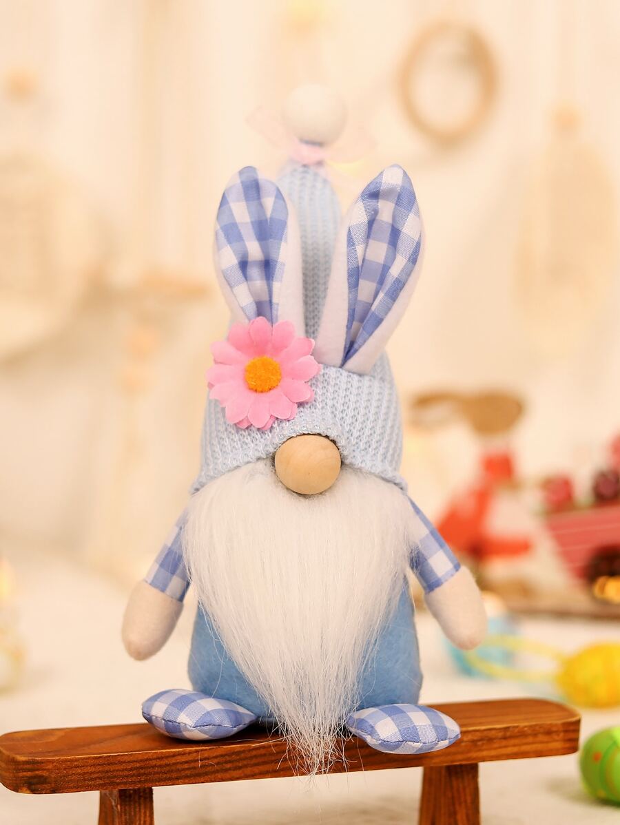 1pc Rabbit Ear Decor Plaid Pattern Gonk Decoration, Modern Polyester Gonk Ornament For Home - Blue - View 1