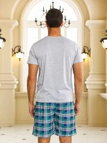 Men Solid Sleep Tee & Plaid Print Shorts - Multicolor - View 2