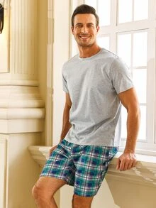 Men Solid Sleep Tee & Plaid Print Shorts - Multicolor - View 3