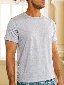 Men Solid Sleep Tee & Plaid Print Shorts - Multicolor - View 5