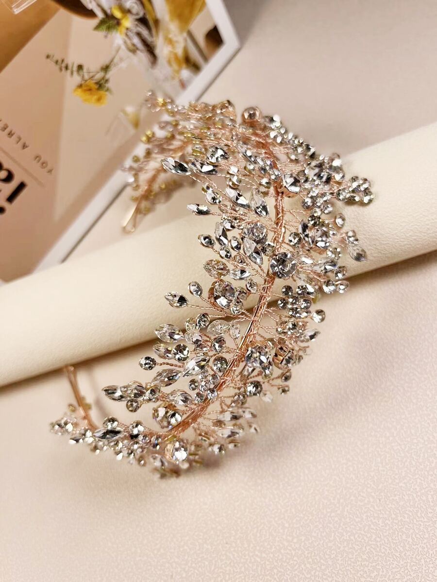 1pc Crystal Wedding Hair Accessory, Handmade Floral & Leaf Headband For Bride, Garden Style Wedding/Party Decor Valentine's Day Accessories - Rose Gold - View 1