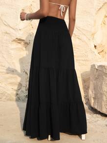 SHEIN VCAY 荷葉邊腰帶超長半身裙 - 黑色 - 查看 2