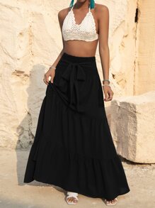 SHEIN VCAY 荷葉邊腰帶超長半身裙 - 黑色 - 查看 5