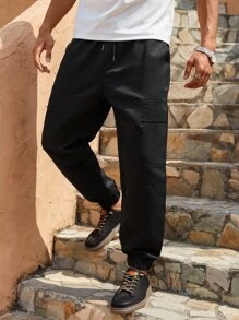 Manfinity Men Pocket Side Drawstring Waist Trousers - Black - View 5