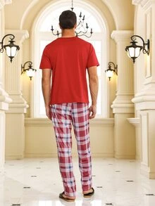 Men Plaid Print PJ Set - Burgundy - View 2