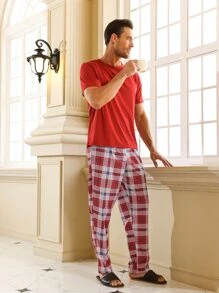 Men Plaid Print PJ Set - Burgundy - View 5