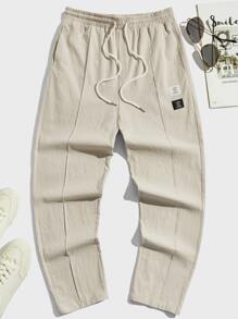 GENTILAND Hombres Pantalones con diseño de parche de letra de cintura con cordón - Beis - Ver 1