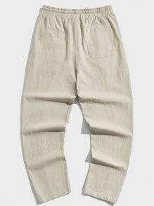 GENTILAND Hombres Pantalones con diseño de parche de letra de cintura con cordón - Beis - Ver 2