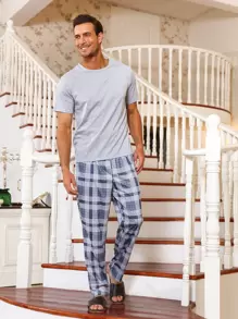 Men Plaid Print PJ Set - Light Grey - View 1