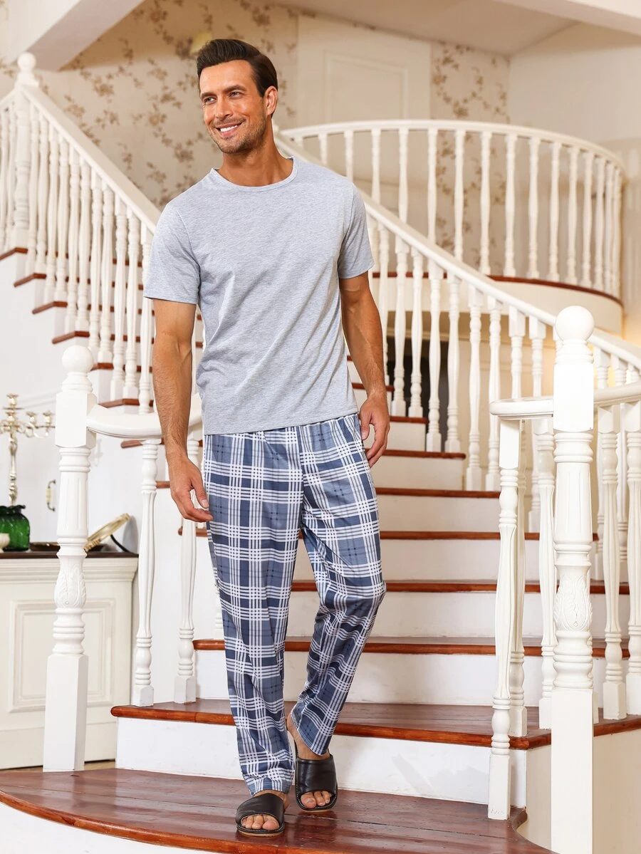 Men Plaid Print PJ Set - Light Grey - View 1