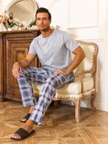 Men Plaid Print PJ Set - Light Grey - View 4
