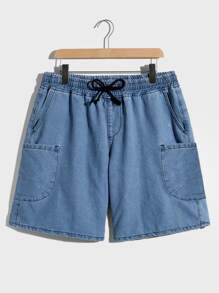 Manfinity Loose Fit Men's Drawstring Waist Patched Pocket Denim Shorts - Medium Wash - View 1