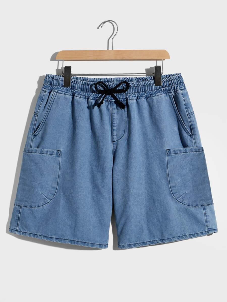Manfinity Loose Fit Men's Drawstring Waist Patched Pocket Denim Shorts - Medium Wash - View 1