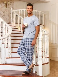Men Plaid Print PJ Set - Light Grey - View 5
