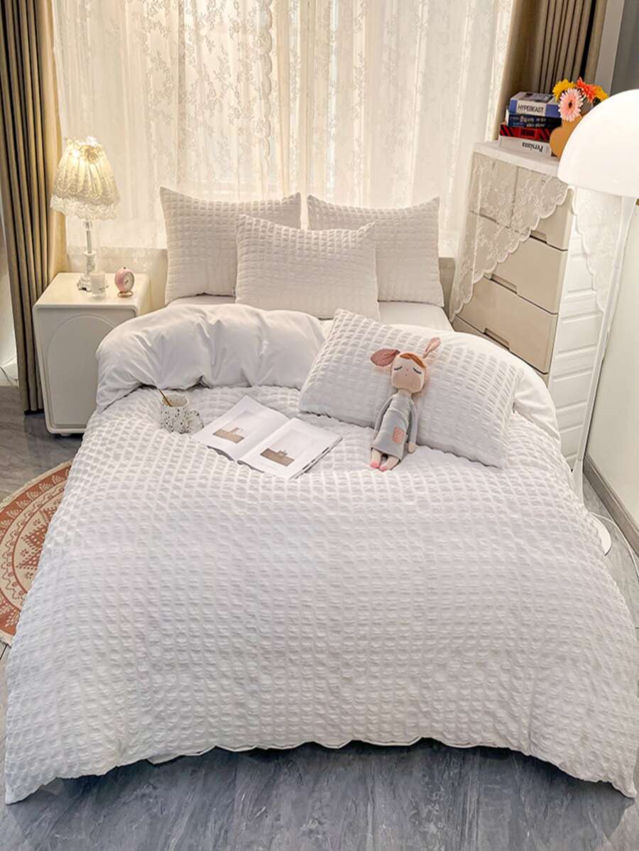 4pcs/set Jacquard Duvet Cover Set(1 Duvet Cover & 1 Sheet & 2 Pillowcase), Modern Polyester Bedding Set For Home, All Season - White - View 1