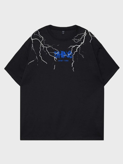 Street Life Camiseta de algodón con gráfico de relámpago y letra para hombres, escolar