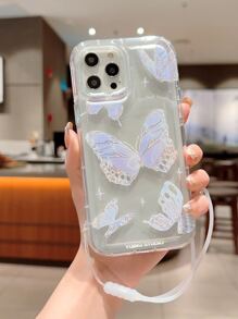 Funda de celular transparente anticaída con patrón de mariposa con acollador - Morado - Ver 1