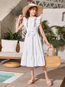 SHEIN Chicas adolescentes Vestido con cinturón con bordado floral ribete con fruncido