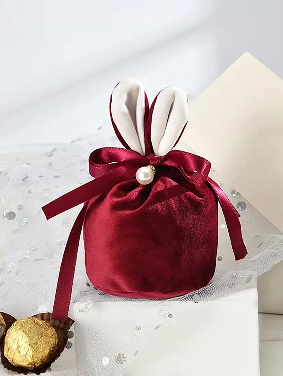 1入組兔耳設計禮品包裝袋現代羊絨派對禮品包裝袋 - 酒紅色 - 查看 1