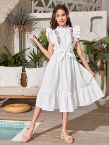 SHEIN Chicas adolescentes Vestido con cinturón con bordado floral ribete con fruncido