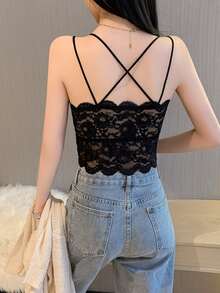 Camiseta de encaje de unicolor elegante, negra y casual de verano - Negro - Ver 2