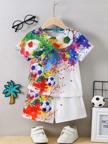 SHEIN 男小童圖案運動閒暇酷圓領常規袖2入組/套適合夏天 - 彩色 - 查看 1