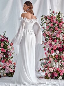 Off Shoulder Ruffle Trim Flounce Sleeve Chiffon Formal Dress - White - View 2
