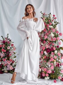 Off Shoulder Ruffle Trim Flounce Sleeve Chiffon Formal Dress - White - View 5