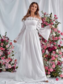 Off Shoulder Ruffle Trim Flounce Sleeve Chiffon Formal Dress - White - View 6