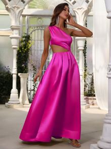 單肩鏤空緞面連衣裙 - 玫紅色 - 查看 6