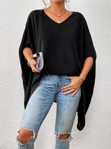 SHEIN Privé Solid Batwing Sleeve V Neck Blouse - Black - View 1