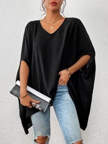 SHEIN Privé Solid Batwing Sleeve V Neck Blouse - Black - View 3
