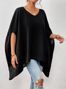 SHEIN Privé Solid Batwing Sleeve V Neck Blouse - Black - View 4
