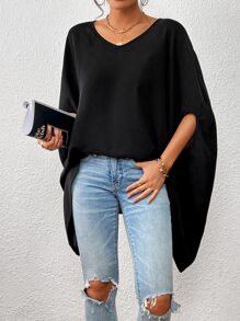 SHEIN Privé Solid Batwing Sleeve V Neck Blouse - Black - View 5