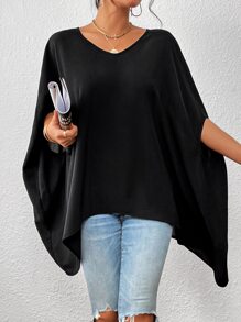SHEIN Privé Solid Batwing Sleeve V Neck Blouse - Black - View 6