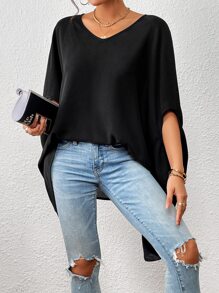 SHEIN Privé Solid Batwing Sleeve V Neck Blouse - Black - View 7