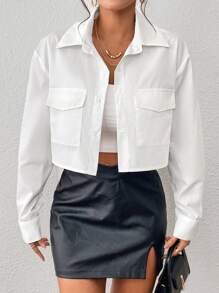 GENKIRA 翻蓋口袋落肩袖短款襯衫 - 白色 - 查看 3