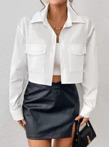GENKIRA 翻蓋口袋落肩袖短款襯衫 - 白色 - 查看 5